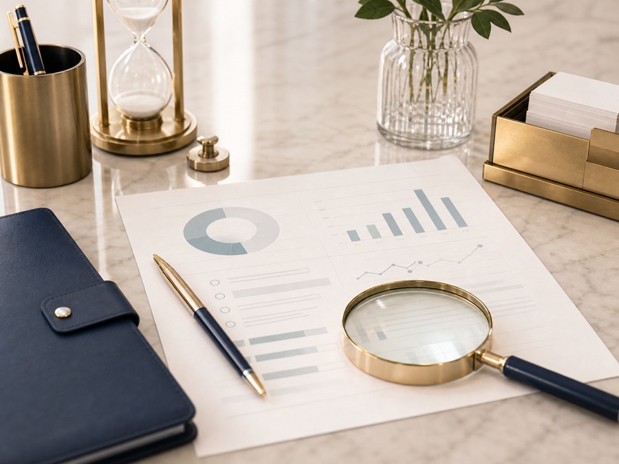 Assessment documents and planning tools on a marble desk