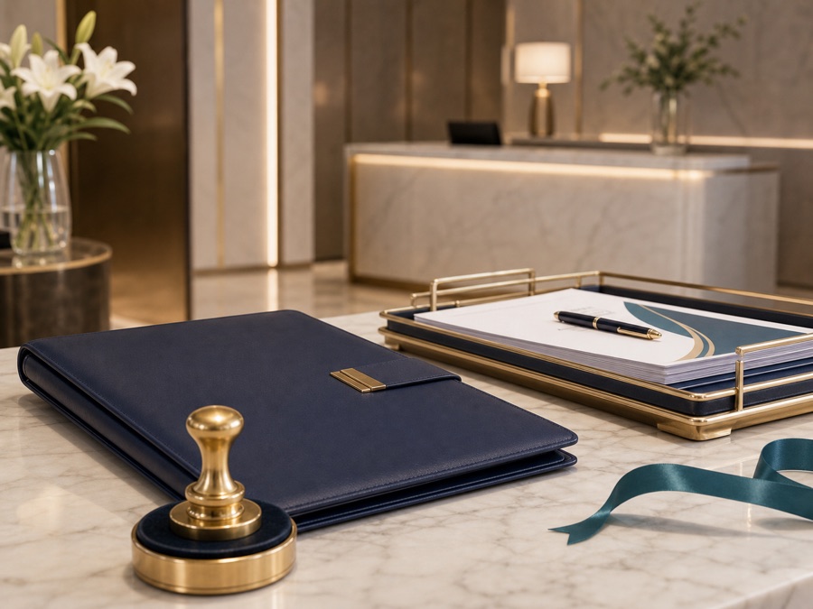 Premium project handoff folio and delivery tray