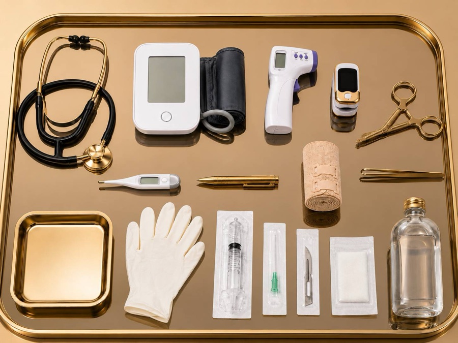 Premium medical supplies arranged on a gold tray
